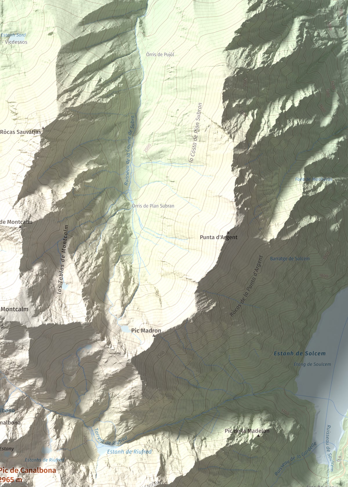 Mapa de relieve de Pic de Canalbona, 2965 m, Pallars Sobirà, lámina 100 Cims de Trobart. Detalle de la zona superior derecha. 50 × 70 cm.