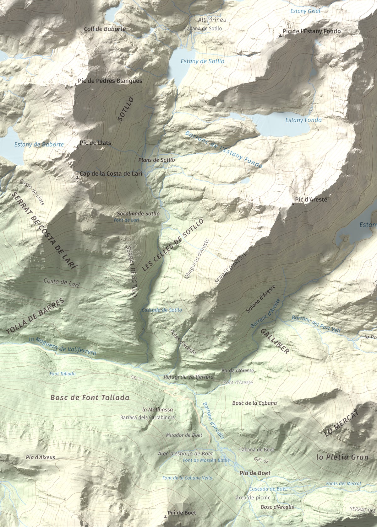 Mapa de relieve de Pic de Canalbona, 2965 m, Pallars Sobirà, lámina 100 Cims de Trobart. Detalle de la zona inferior izquierda. 50 × 70 cm.