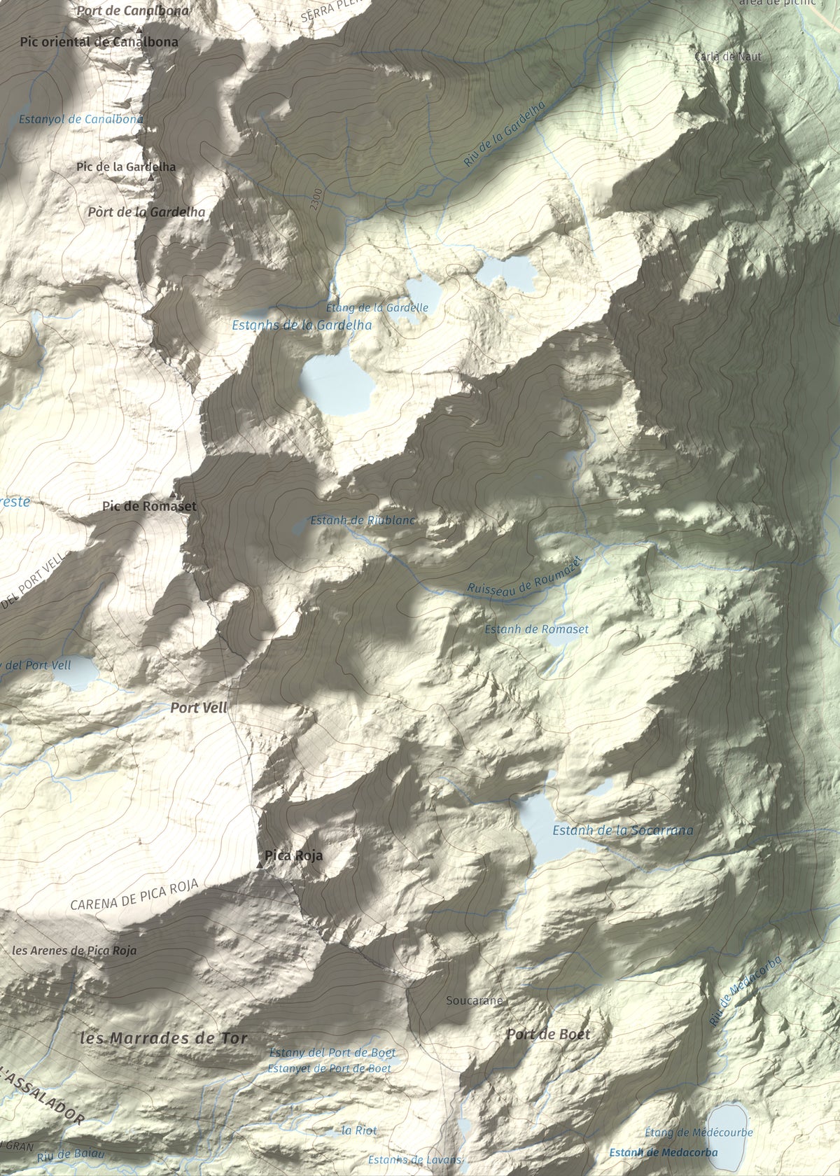 Mapa de relieve de Pic de Canalbona, 2965 m, Pallars Sobirà, lámina 100 Cims de Trobart. Detalle de la zona inferior derecha. 50 × 70 cm.