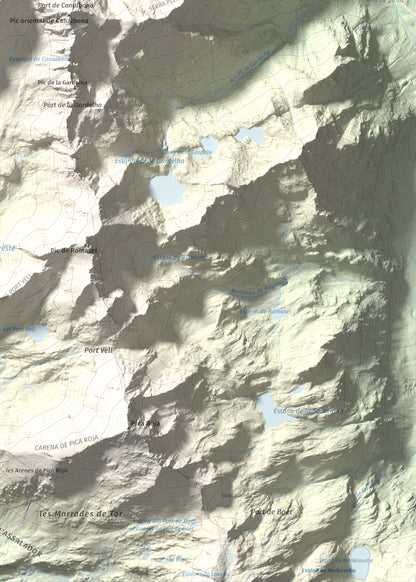 Mapa de relieve de Pic de Canalbona, 2965 m, Pallars Sobirà, lámina 100 Cims de Trobart. Detalle de la zona inferior derecha. 50 × 70 cm.