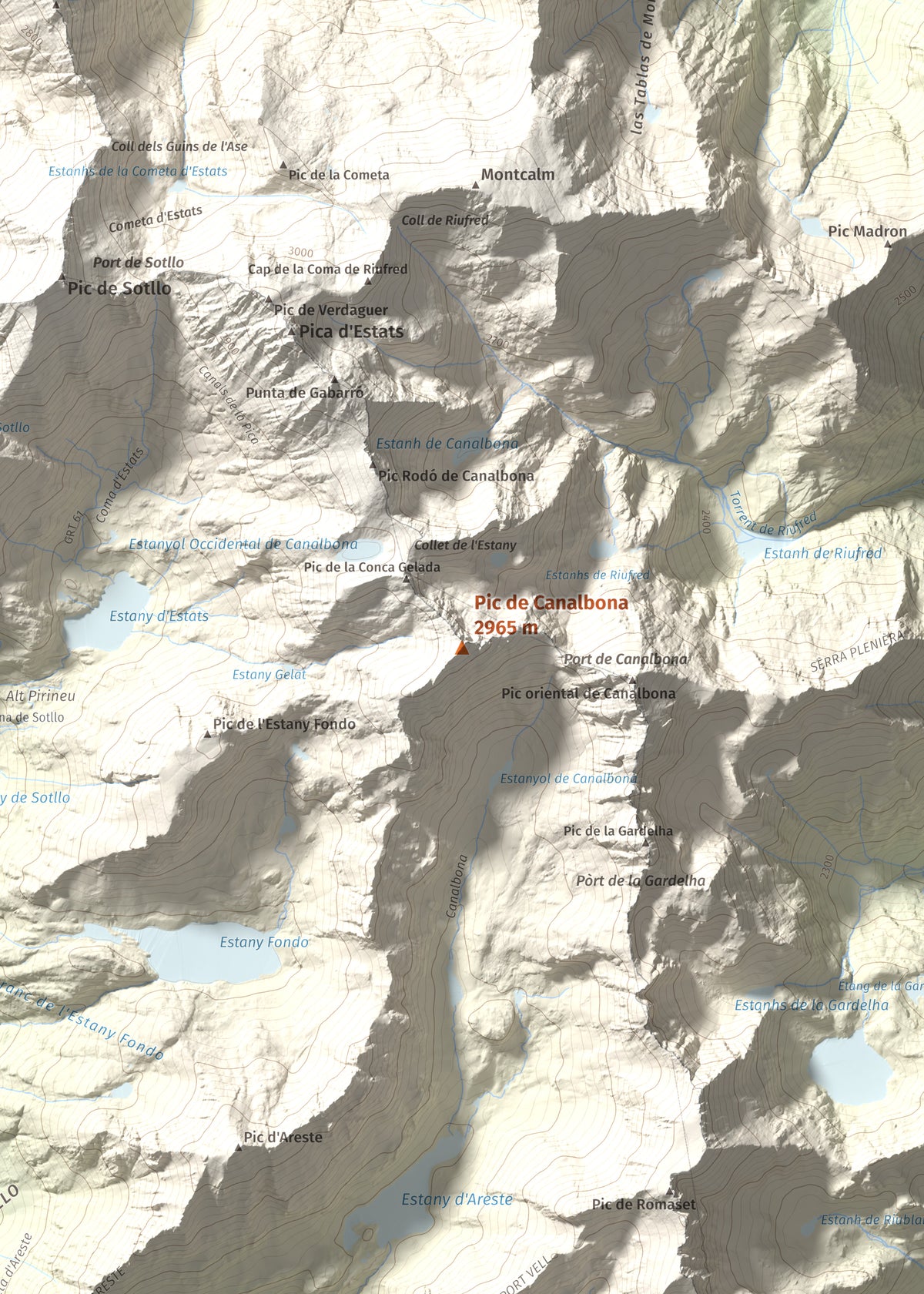 Mapa de relieve de Pic de Canalbona, 2965 m, Pallars Sobirà, lámina 100 Cims de Trobart. Detalle de la zona central. 50 × 70 cm.