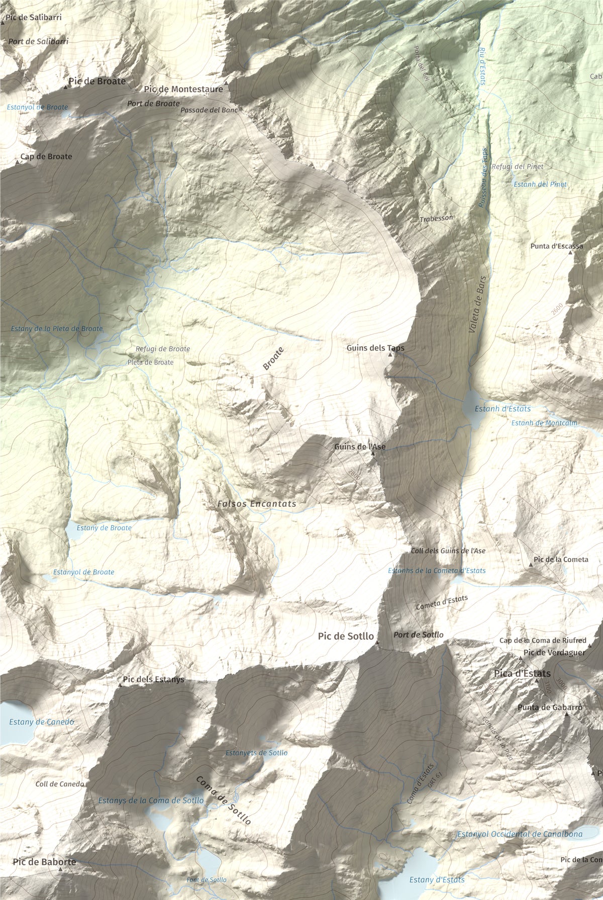 Mapa de relieve de Pic de Canalbona, 2965 m, Pallars Sobirà, lámina 100 Cims de Trobart. Detalle de la zona superior izquierda. 61 × 91 cm.