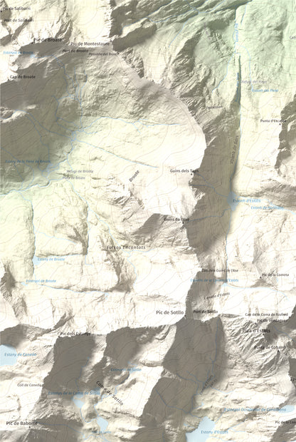 Mapa de relieve de Pic de Canalbona, 2965 m, Pallars Sobirà, lámina 100 Cims de Trobart. Detalle de la zona superior izquierda. 61 × 91 cm.