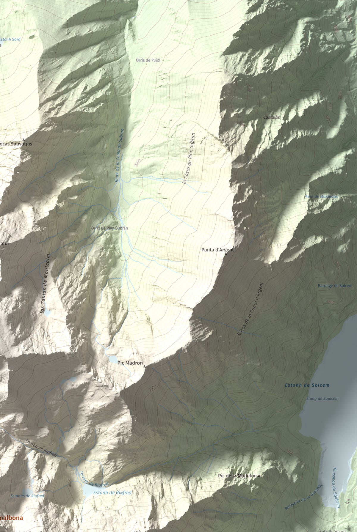 Mapa de relieve de Pic de Canalbona, 2965 m, Pallars Sobirà, lámina 100 Cims de Trobart. Detalle de la zona superior derecha. 61 × 91 cm.