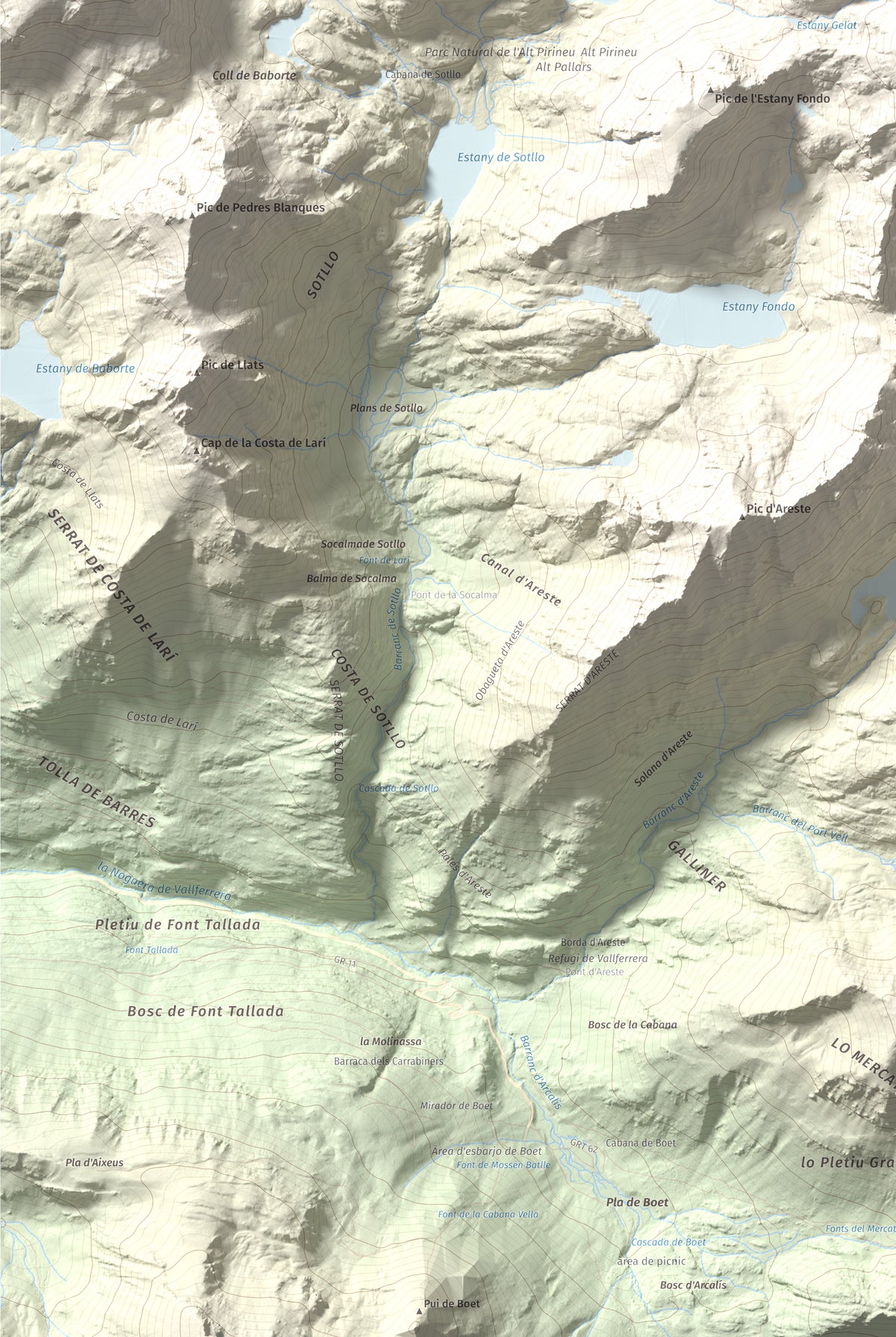 Mapa de relieve de Pic de Canalbona, 2965 m, Pallars Sobirà, lámina 100 Cims de Trobart. Detalle de la zona inferior izquierda. 61 × 91 cm.