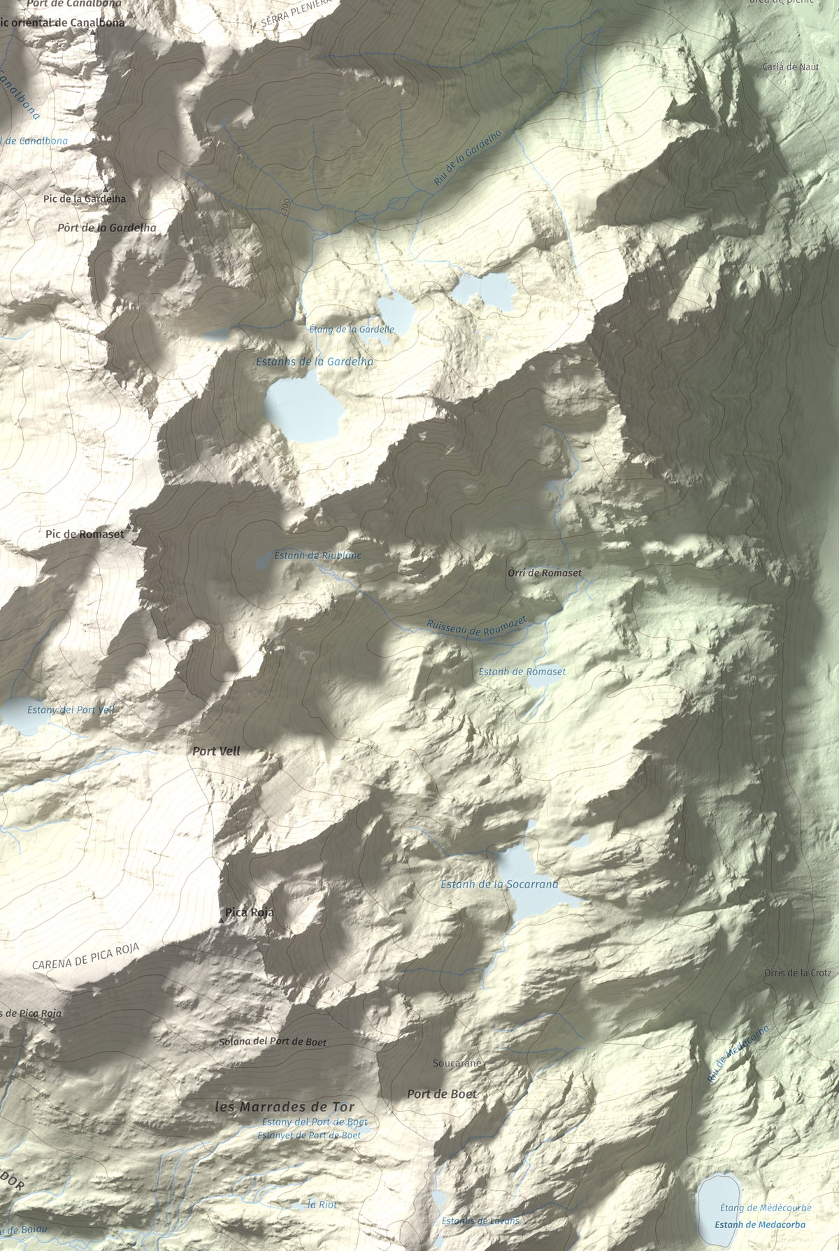 Mapa de relieve de Pic de Canalbona, 2965 m, Pallars Sobirà, lámina 100 Cims de Trobart. Detalle de la zona inferior derecha. 61 × 91 cm.