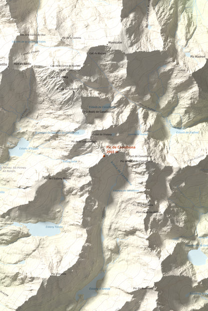 Mapa de relieve de Pic de Canalbona, 2965 m, Pallars Sobirà, lámina 100 Cims de Trobart. Detalle de la zona central. 61 × 91 cm.