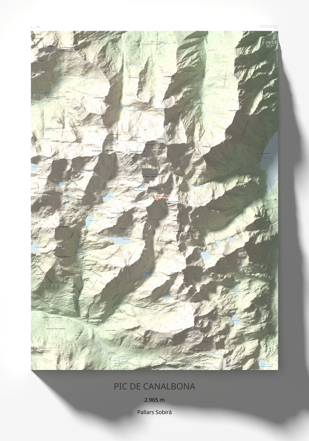 Mapa de relieve de Pic de Canalbona, 2965 m, Pallars Sobirà, lámina 100 Cims de Trobart 70 × 100 cm.