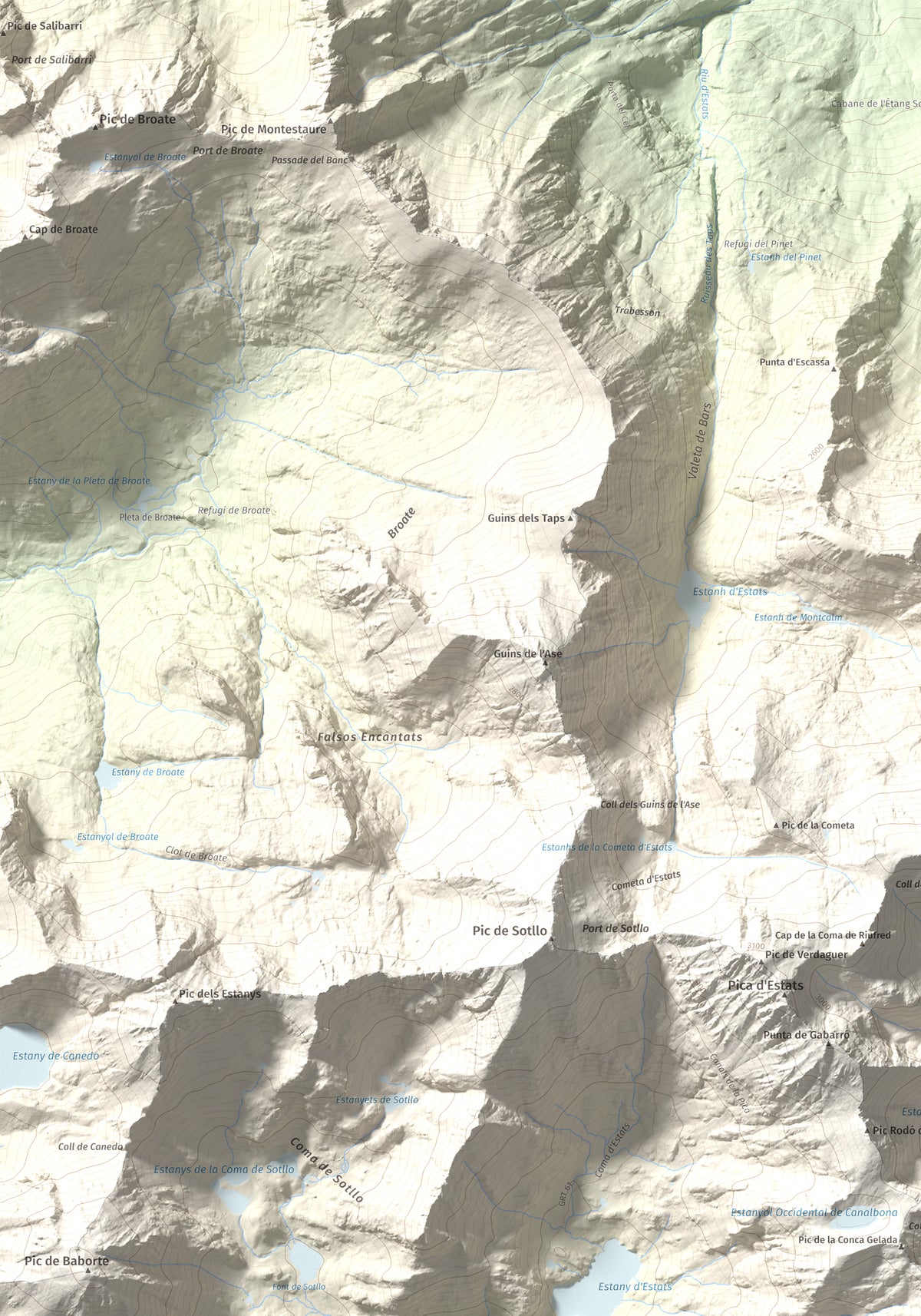 Mapa de relieve de Pic de Canalbona, 2965 m, Pallars Sobirà, lámina 100 Cims de Trobart. Detalle de la zona superior izquierda. 70 × 100 cm.