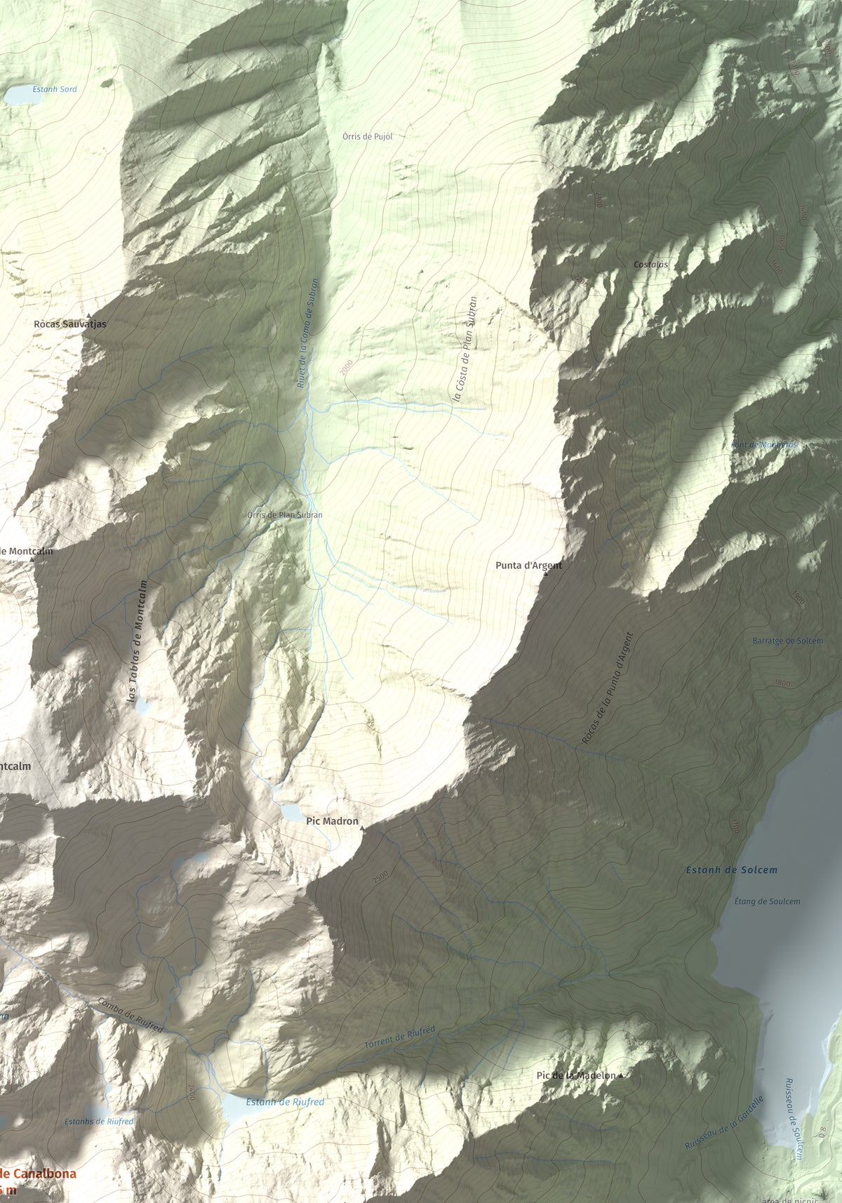 Mapa de relieve de Pic de Canalbona, 2965 m, Pallars Sobirà, lámina 100 Cims de Trobart. Detalle de la zona superior derecha. 70 × 100 cm.