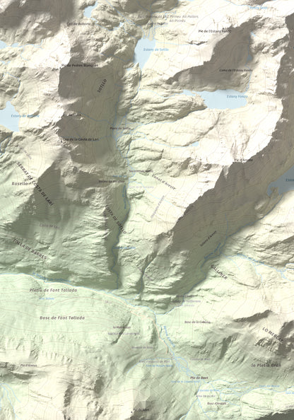 Mapa de relieve de Pic de Canalbona, 2965 m, Pallars Sobirà, lámina 100 Cims de Trobart. Detalle de la zona inferior izquierda. 70 × 100 cm.