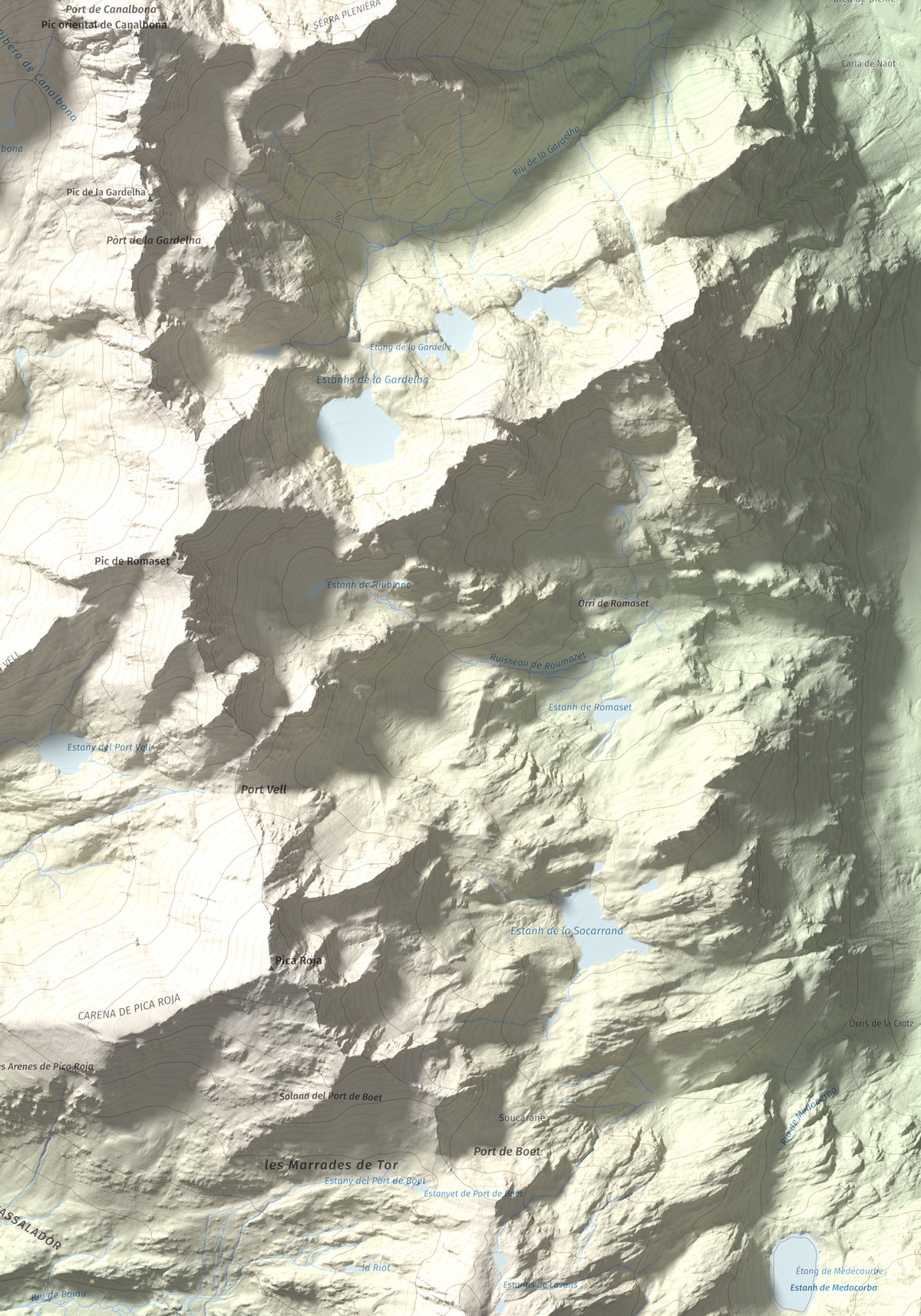Mapa de relieve de Pic de Canalbona, 2965 m, Pallars Sobirà, lámina 100 Cims de Trobart. Detalle de la zona inferior derecha. 70 × 100 cm.