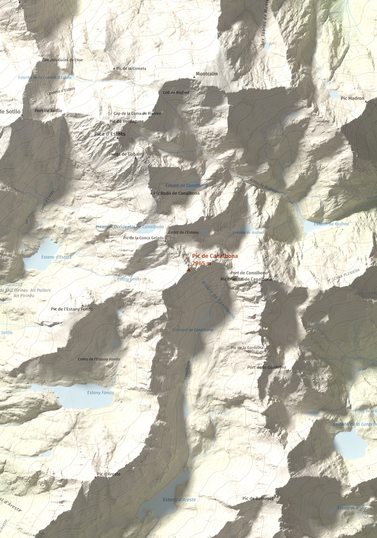 Mapa de relieve de Pic de Canalbona, 2965 m, Pallars Sobirà, lámina 100 Cims de Trobart. Detalle de la zona central. 70 × 100 cm.