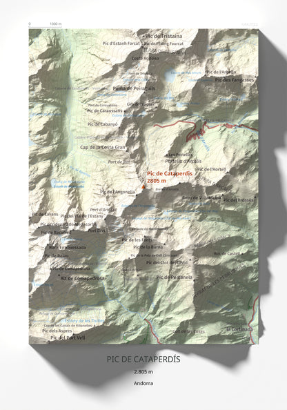 Mapa de relieve de Pic de Cataperdís, 2805 m, Andorra, lámina 100 Cims de Trobart 21 × 30 cm.