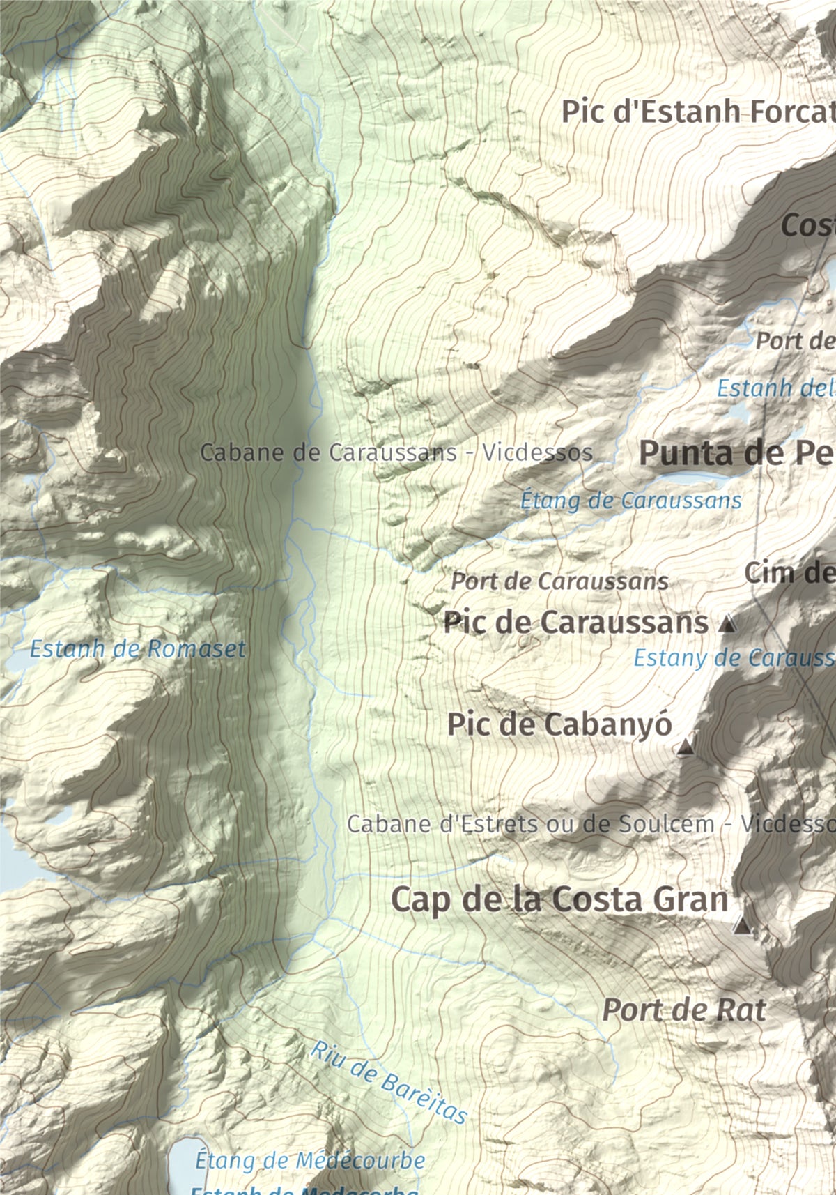 Mapa de relieve de Pic de Cataperdís, 2805 m, Andorra, lámina 100 Cims de Trobart. Detalle de la zona superior izquierda. 21 × 30 cm.