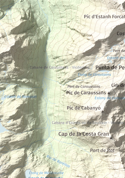Mapa de relieve de Pic de Cataperdís, 2805 m, Andorra, lámina 100 Cims de Trobart. Detalle de la zona superior izquierda. 21 × 30 cm.
