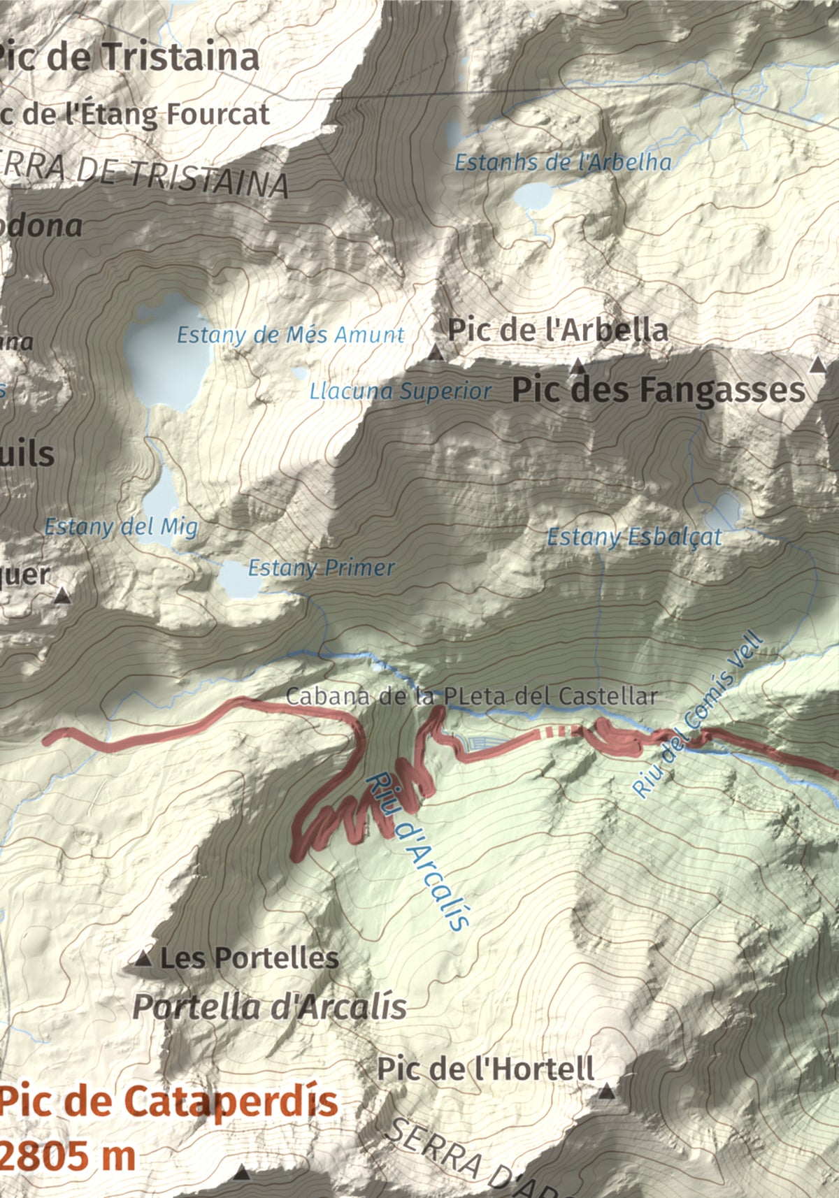 Mapa de relieve de Pic de Cataperdís, 2805 m, Andorra, lámina 100 Cims de Trobart. Detalle de la zona superior derecha. 21 × 30 cm.