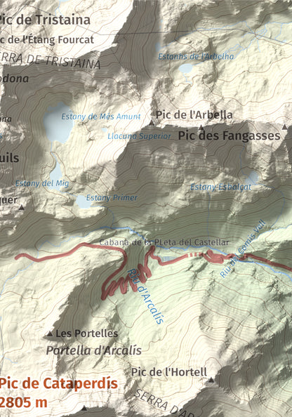 Mapa de relieve de Pic de Cataperdís, 2805 m, Andorra, lámina 100 Cims de Trobart. Detalle de la zona superior derecha. 21 × 30 cm.