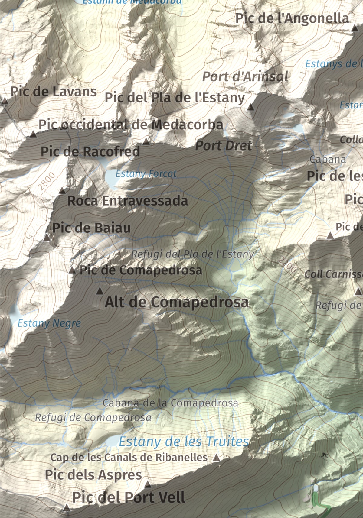 Mapa de relieve de Pic de Cataperdís, 2805 m, Andorra, lámina 100 Cims de Trobart. Detalle de la zona inferior izquierda. 21 × 30 cm.