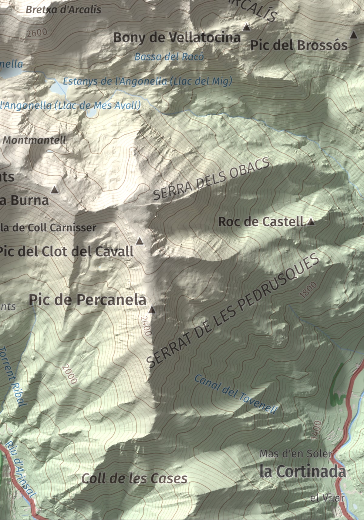 Mapa de relieve de Pic de Cataperdís, 2805 m, Andorra, lámina 100 Cims de Trobart. Detalle de la zona inferior derecha. 21 × 30 cm.
