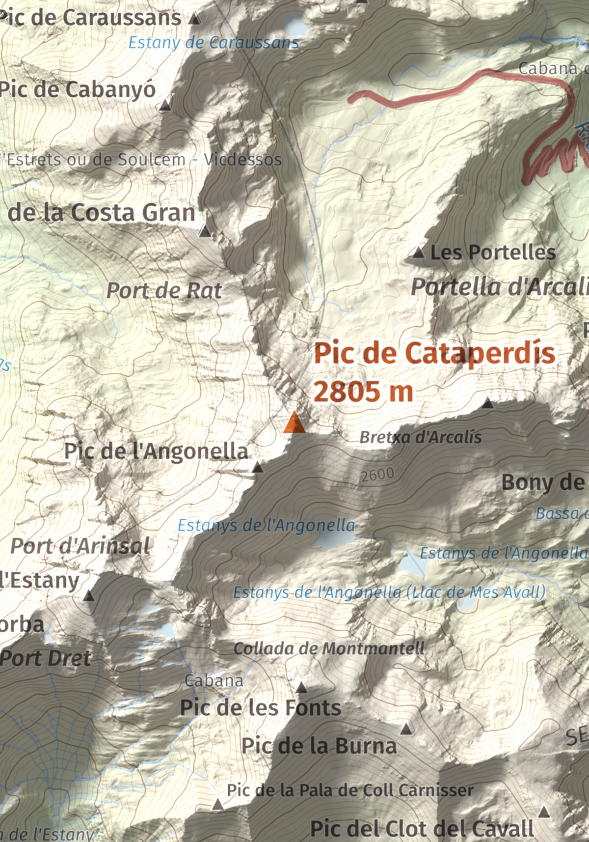 Mapa de relieve de Pic de Cataperdís, 2805 m, Andorra, lámina 100 Cims de Trobart. Detalle de la zona central. 21 × 30 cm.