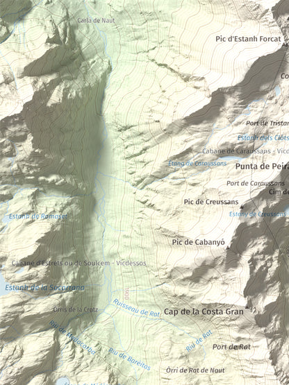 Mapa de relieve de Pic de Cataperdís, 2805 m, Andorra, lámina 100 Cims de Trobart. Detalle de la zona superior izquierda. 30 × 40 cm.