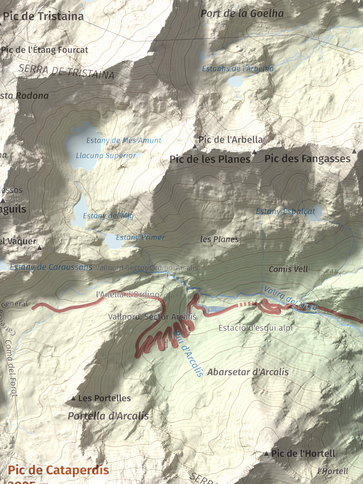 Mapa de relieve de Pic de Cataperdís, 2805 m, Andorra, lámina 100 Cims de Trobart. Detalle de la zona superior derecha. 30 × 40 cm.