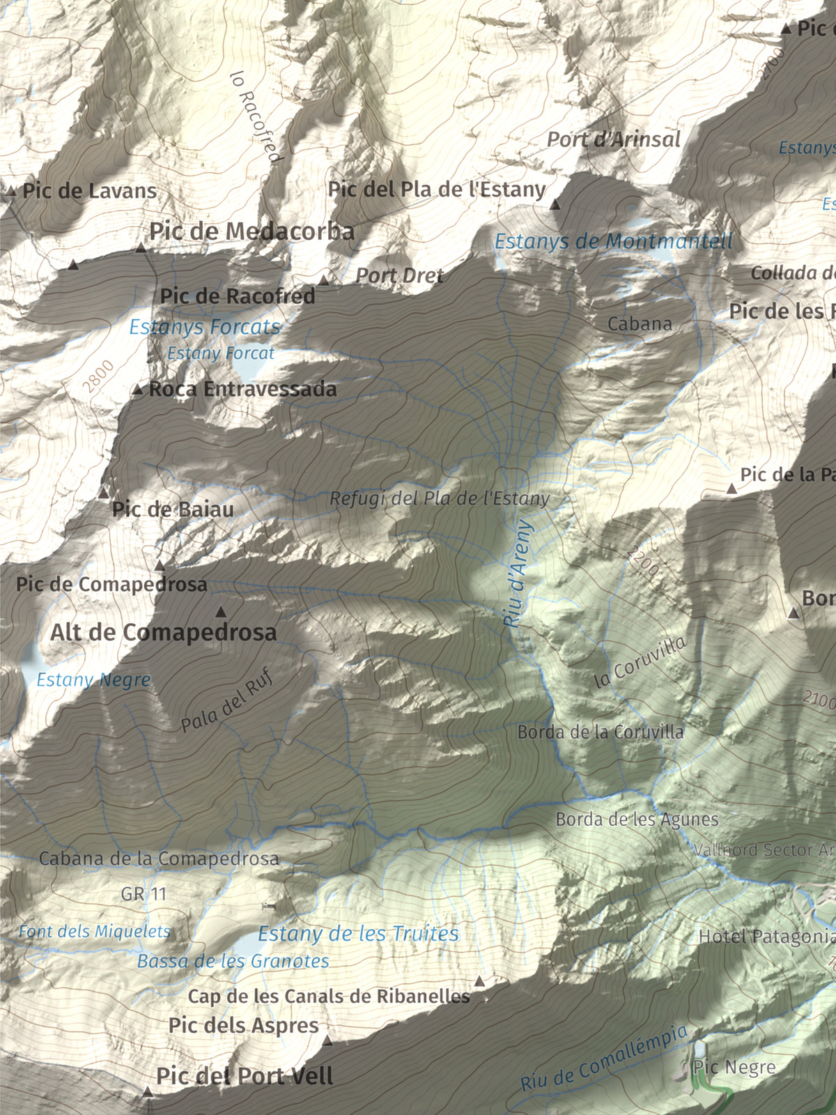Mapa de relieve de Pic de Cataperdís, 2805 m, Andorra, lámina 100 Cims de Trobart. Detalle de la zona inferior izquierda. 30 × 40 cm.