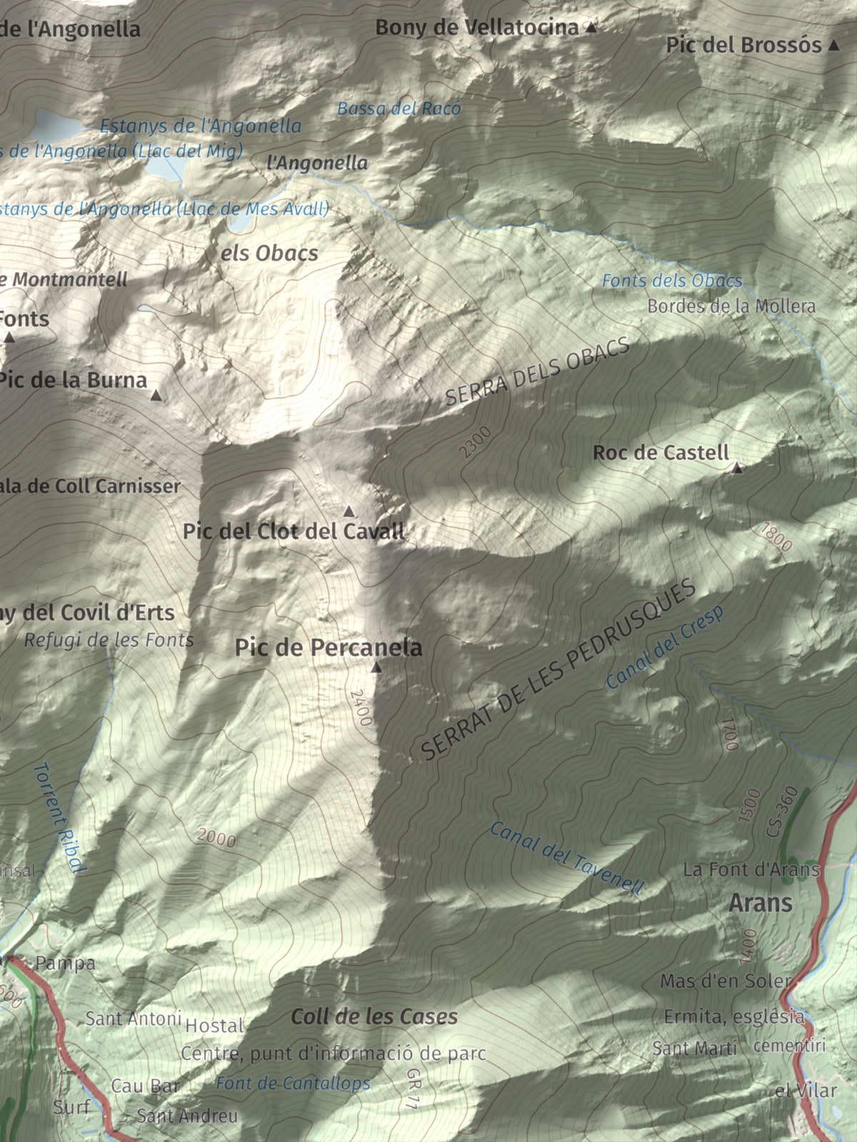 Mapa de relieve de Pic de Cataperdís, 2805 m, Andorra, lámina 100 Cims de Trobart. Detalle de la zona inferior derecha. 30 × 40 cm.