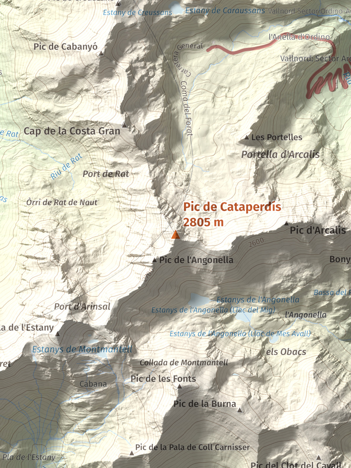 Mapa de relieve de Pic de Cataperdís, 2805 m, Andorra, lámina 100 Cims de Trobart. Detalle de la zona central. 30 × 40 cm.