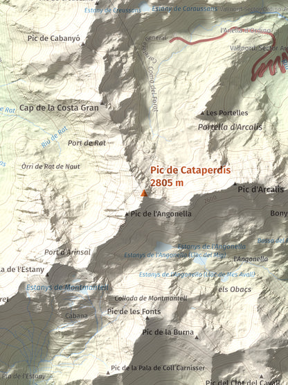Mapa de relieve de Pic de Cataperdís, 2805 m, Andorra, lámina 100 Cims de Trobart. Detalle de la zona central. 30 × 40 cm.