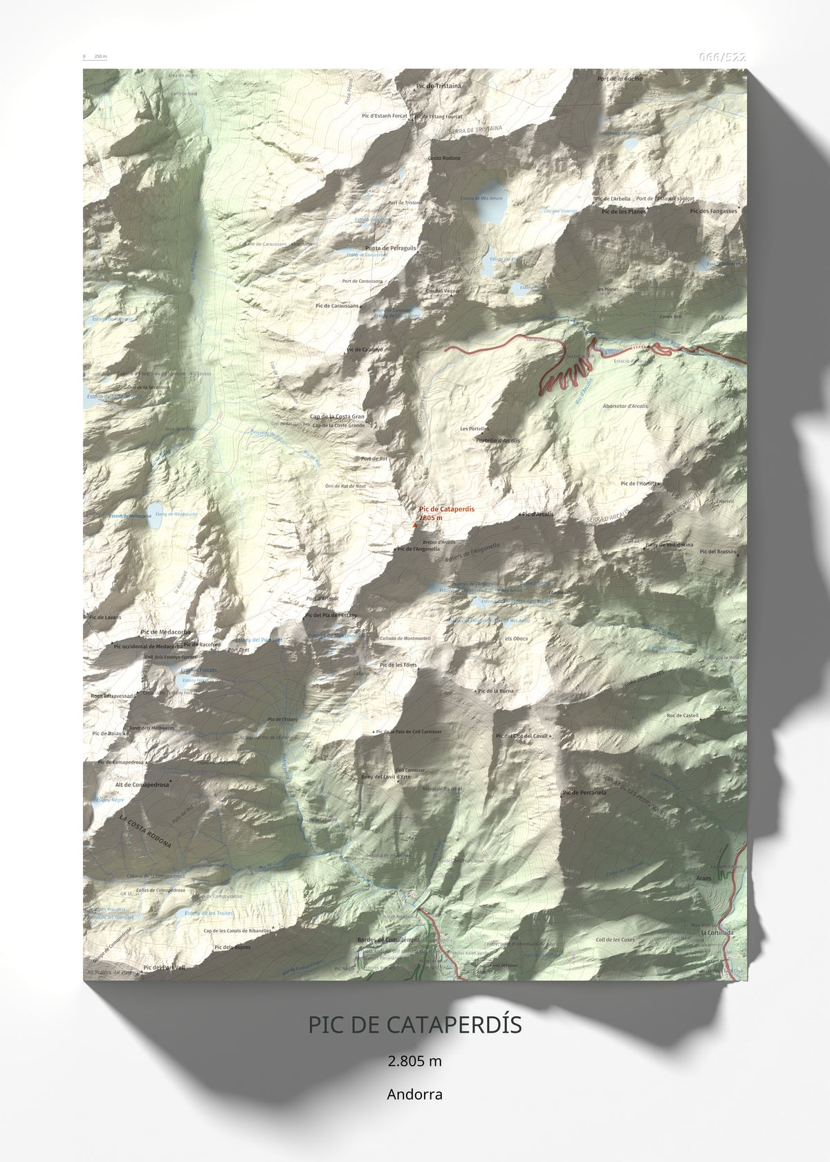 Mapa de relieve de Pic de Cataperdís, 2805 m, Andorra, lámina 100 Cims de Trobart 50 × 70 cm.