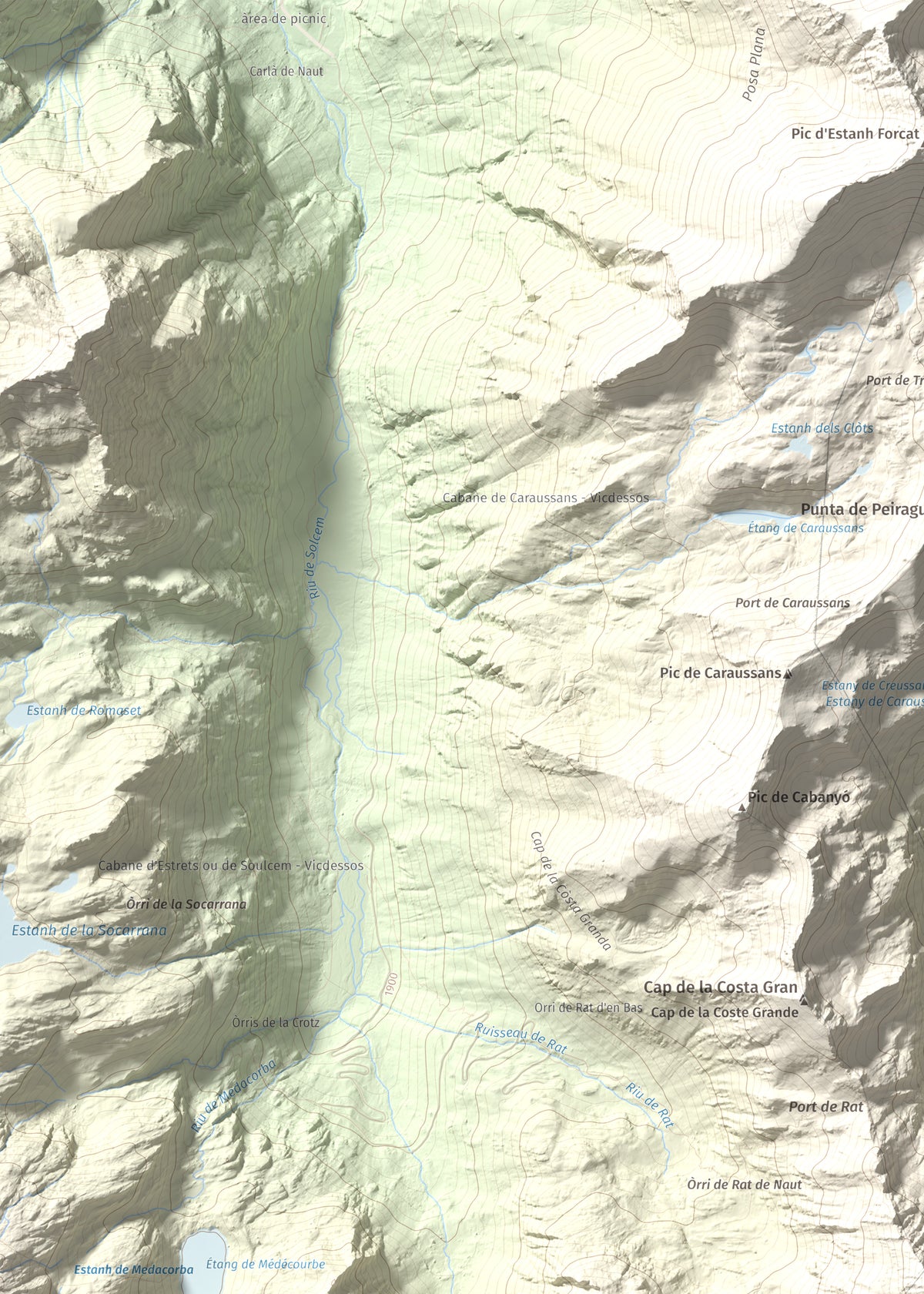 Mapa de relieve de Pic de Cataperdís, 2805 m, Andorra, lámina 100 Cims de Trobart. Detalle de la zona superior izquierda. 50 × 70 cm.