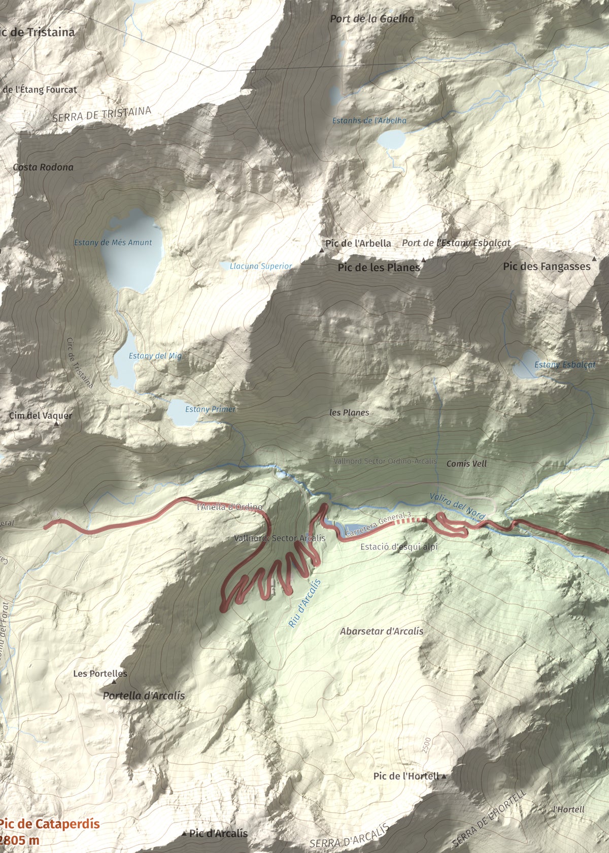 Mapa de relieve de Pic de Cataperdís, 2805 m, Andorra, lámina 100 Cims de Trobart. Detalle de la zona superior derecha. 50 × 70 cm.