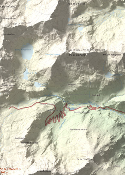 Mapa de relieve de Pic de Cataperdís, 2805 m, Andorra, lámina 100 Cims de Trobart. Detalle de la zona superior derecha. 50 × 70 cm.