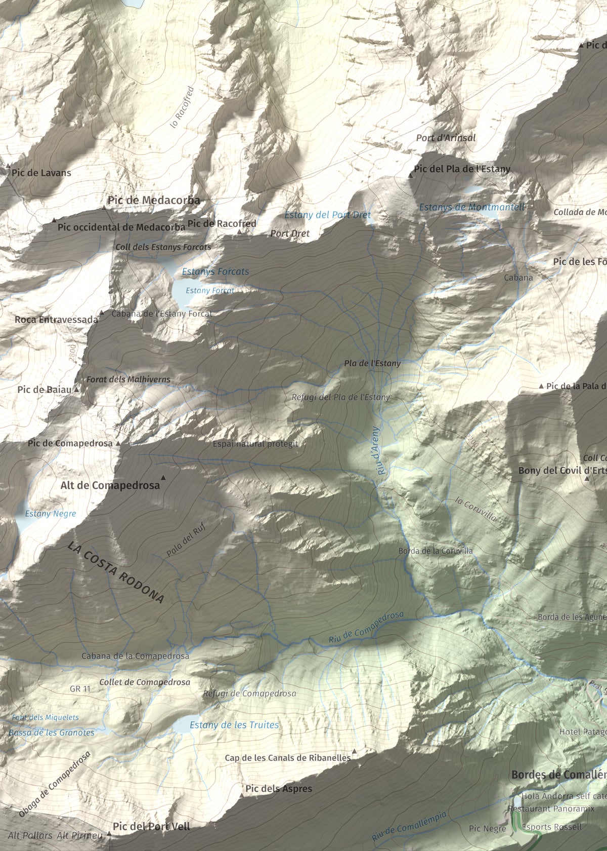 Mapa de relieve de Pic de Cataperdís, 2805 m, Andorra, lámina 100 Cims de Trobart. Detalle de la zona inferior izquierda. 50 × 70 cm.