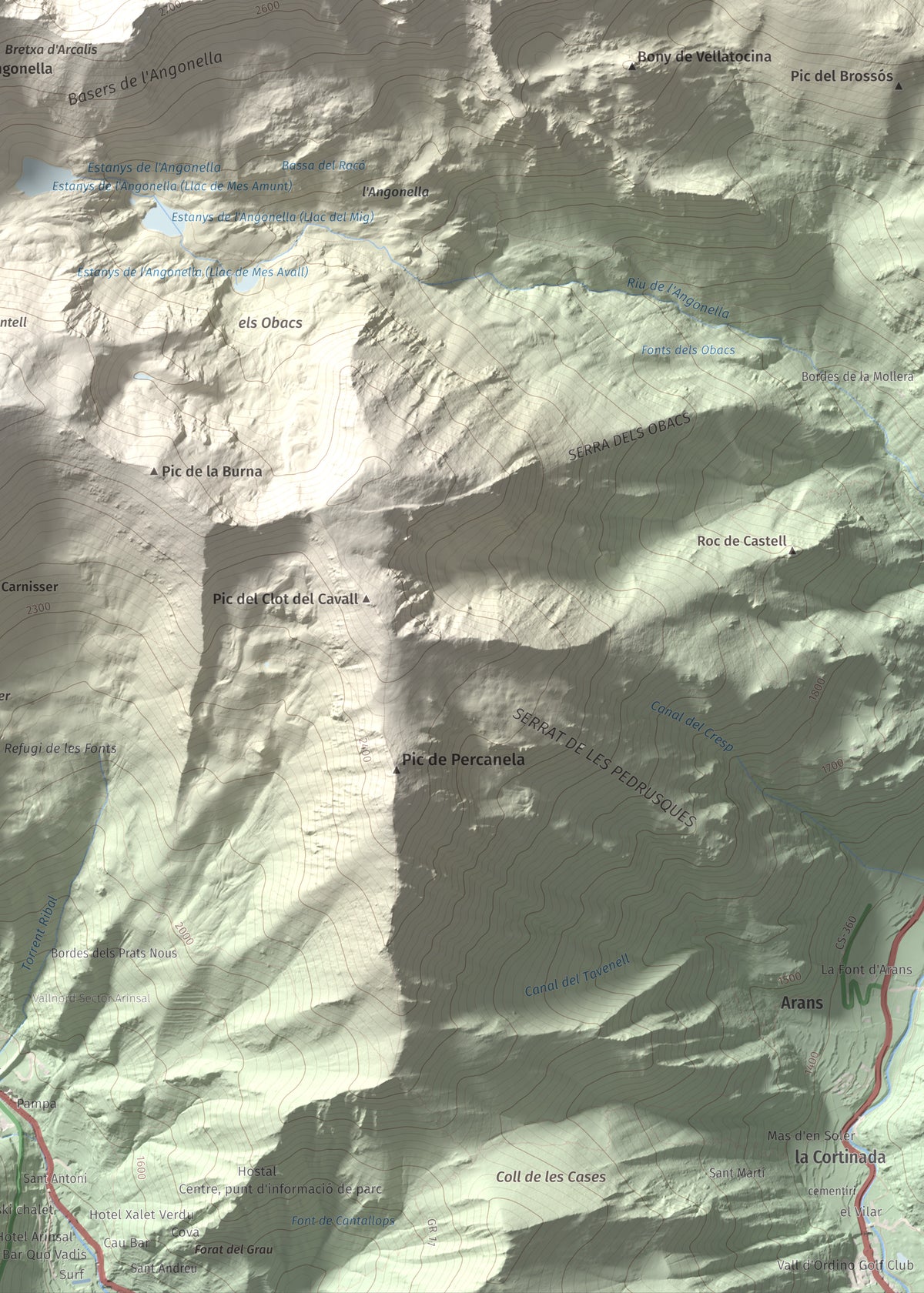 Mapa de relieve de Pic de Cataperdís, 2805 m, Andorra, lámina 100 Cims de Trobart. Detalle de la zona inferior derecha. 50 × 70 cm.