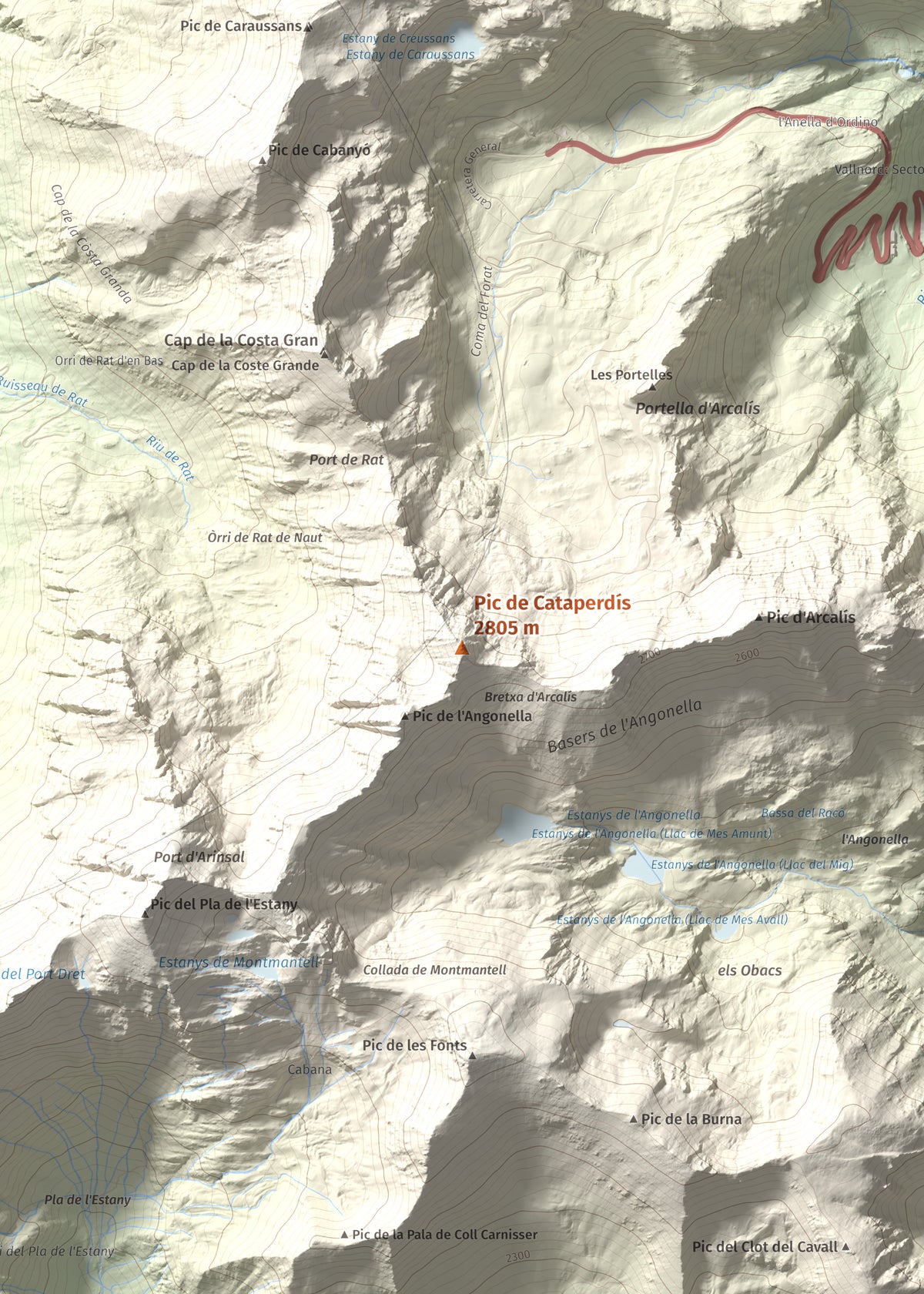 Mapa de relieve de Pic de Cataperdís, 2805 m, Andorra, lámina 100 Cims de Trobart. Detalle de la zona central. 50 × 70 cm.