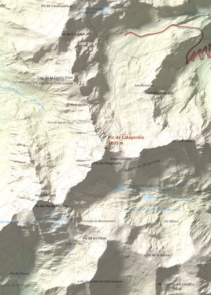 Mapa de relieve de Pic de Cataperdís, 2805 m, Andorra, lámina 100 Cims de Trobart. Detalle de la zona central. 50 × 70 cm.