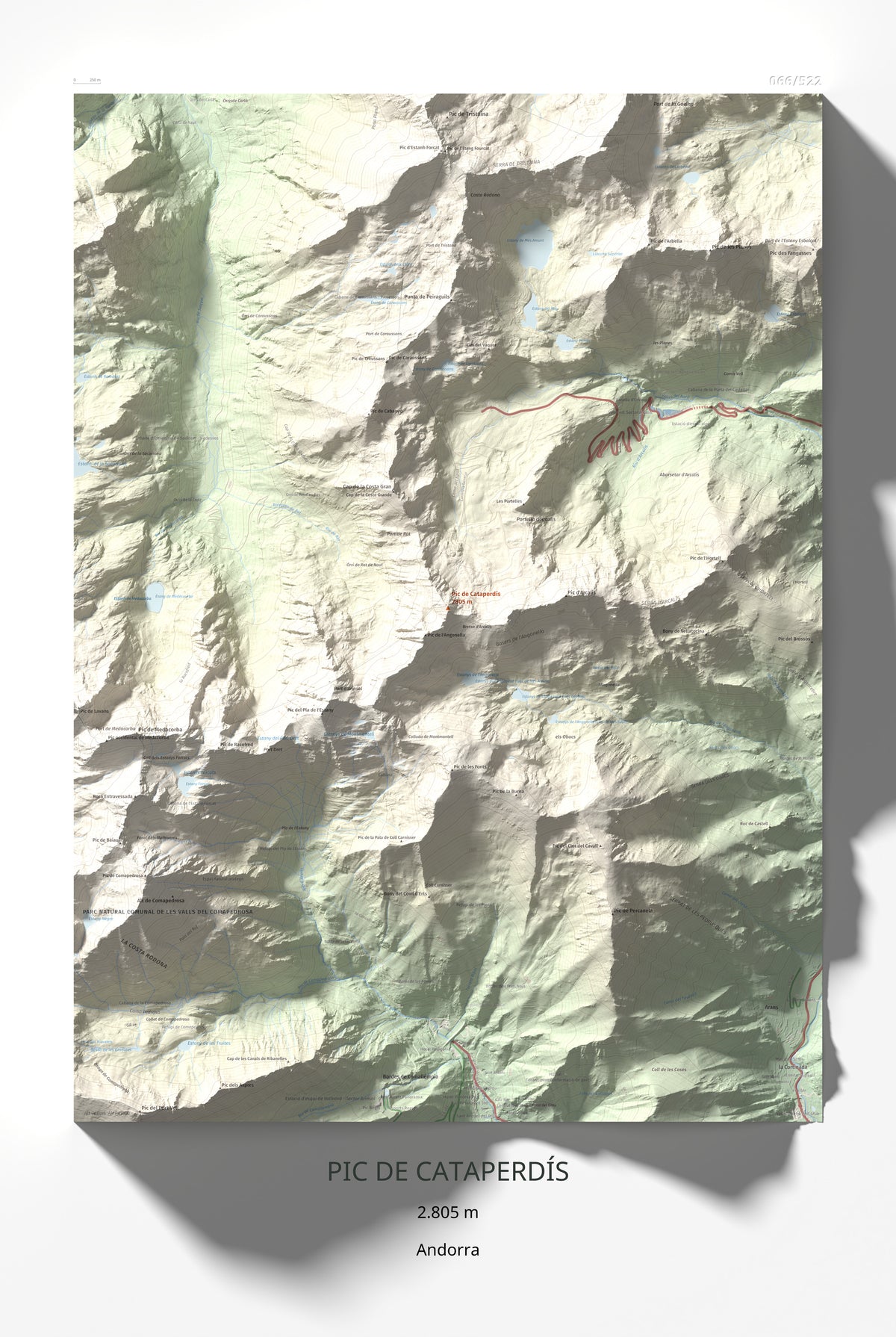 Mapa de relieve de Pic de Cataperdís, 2805 m, Andorra, lámina 100 Cims de Trobart 61 × 91 cm.