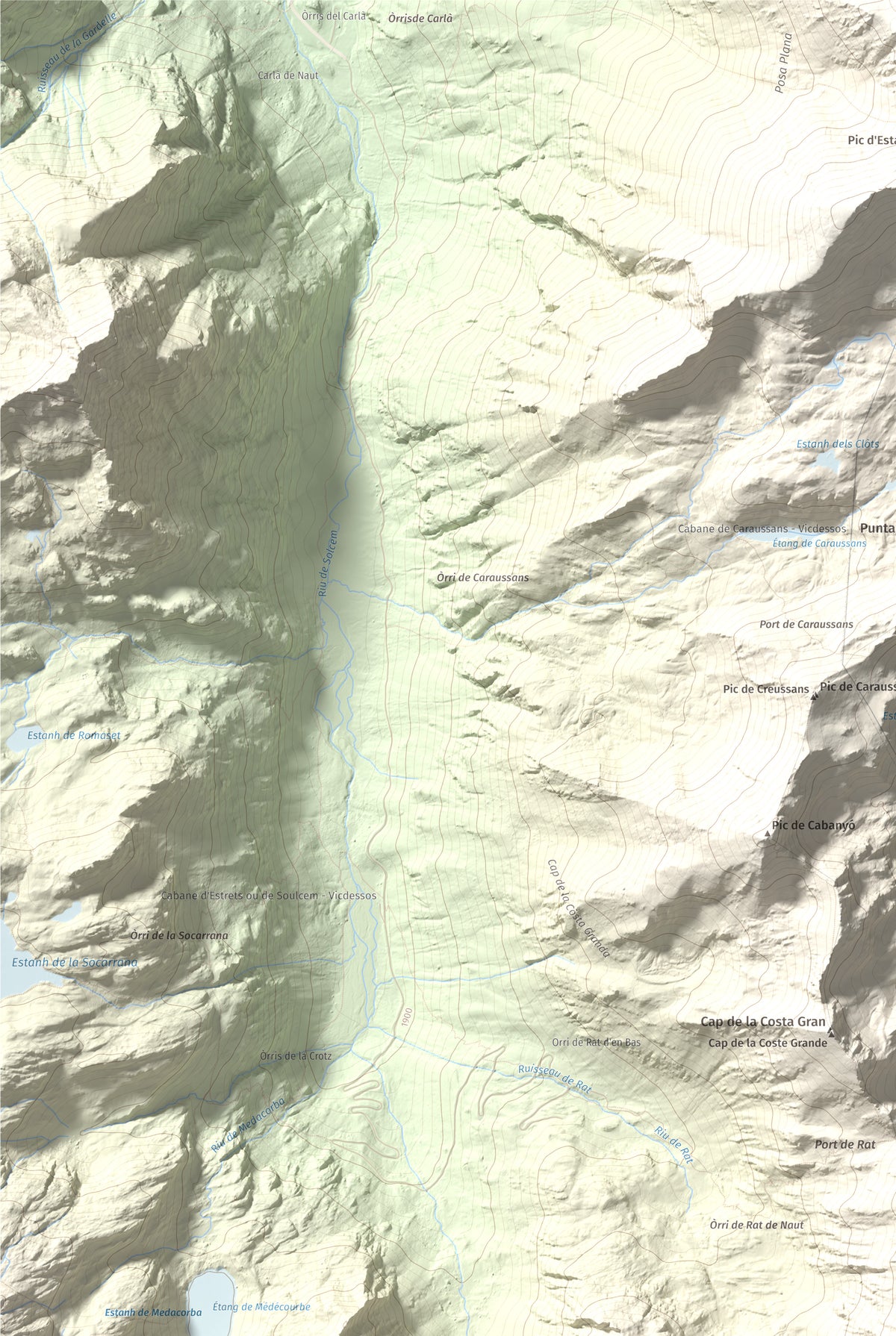 Mapa de relieve de Pic de Cataperdís, 2805 m, Andorra, lámina 100 Cims de Trobart. Detalle de la zona superior izquierda. 61 × 91 cm.