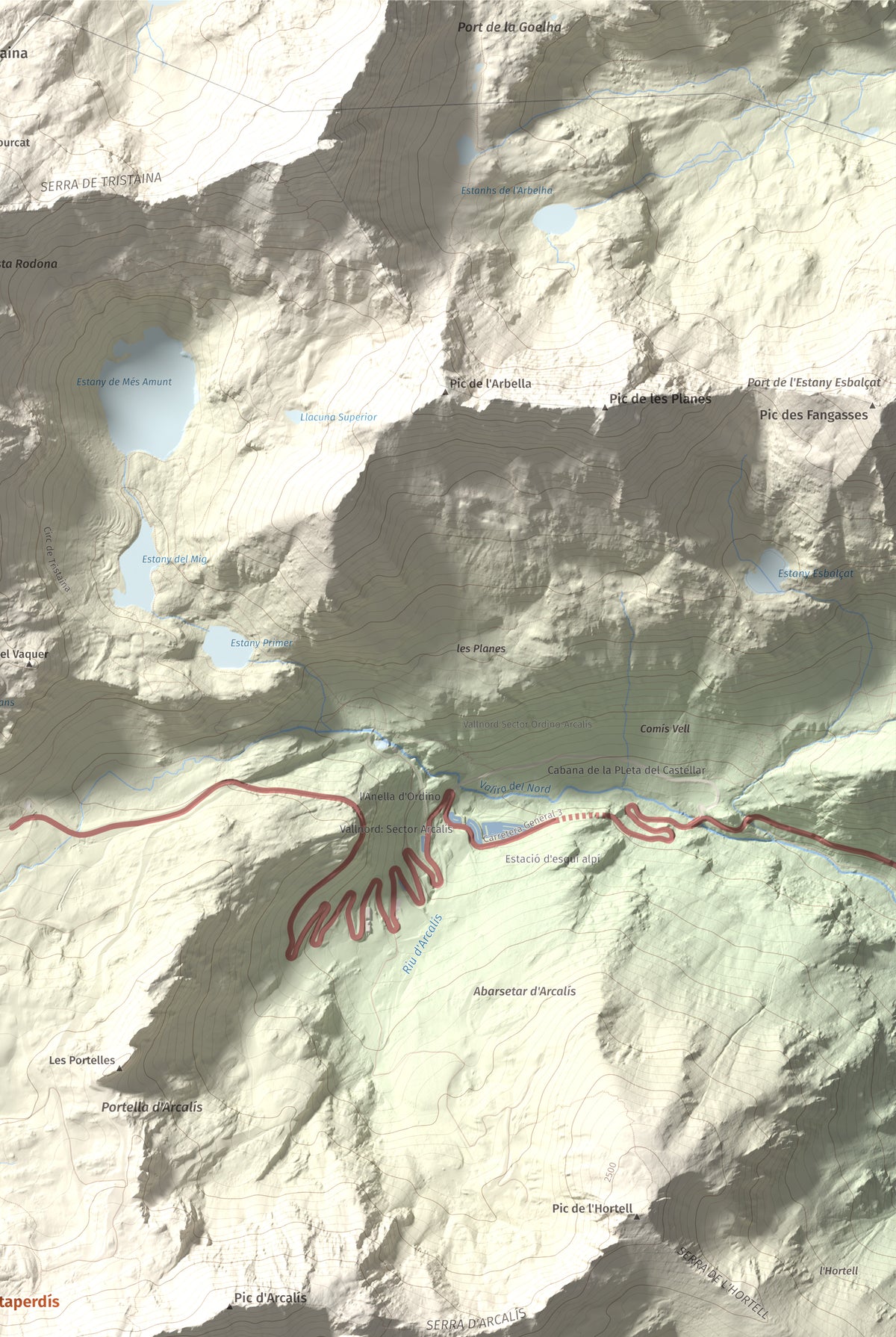 Mapa de relieve de Pic de Cataperdís, 2805 m, Andorra, lámina 100 Cims de Trobart. Detalle de la zona superior derecha. 61 × 91 cm.