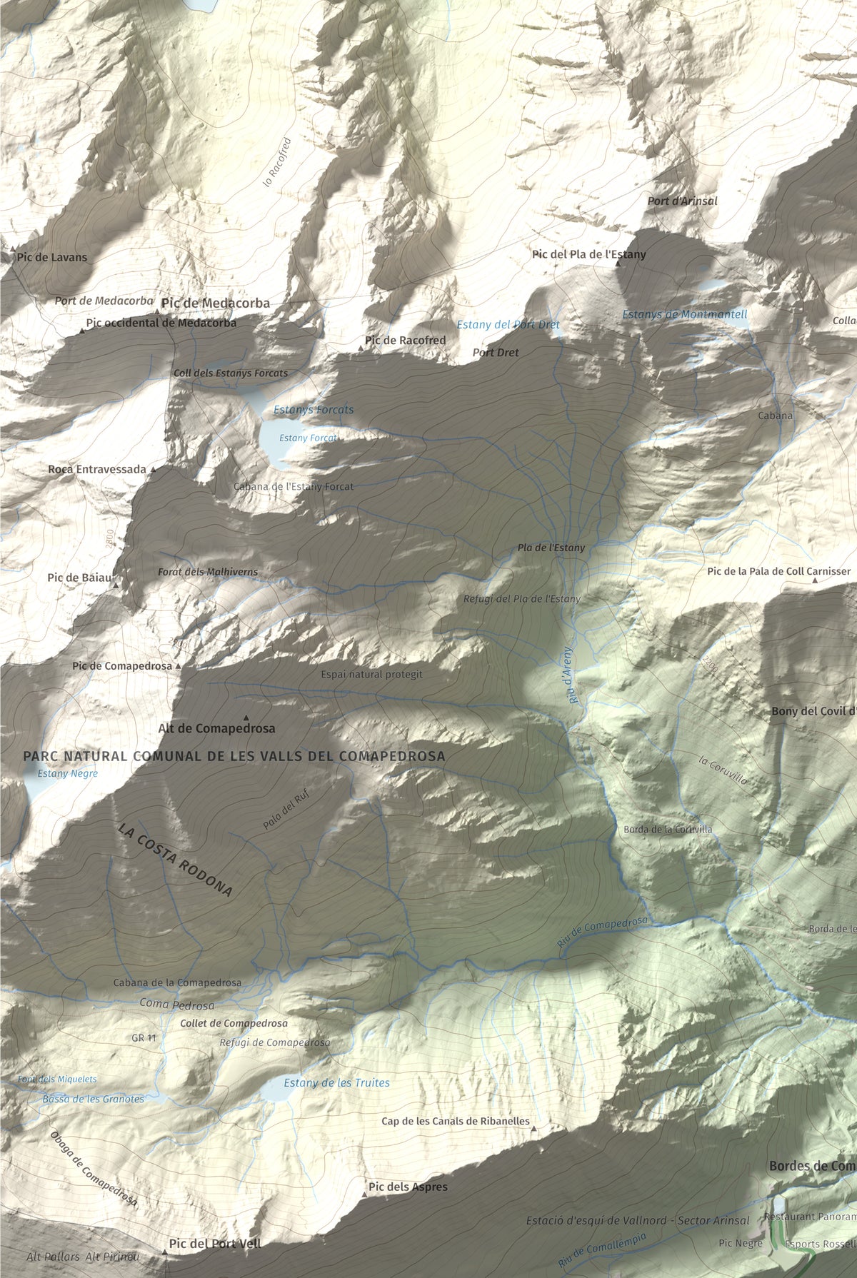 Mapa de relieve de Pic de Cataperdís, 2805 m, Andorra, lámina 100 Cims de Trobart. Detalle de la zona inferior izquierda. 61 × 91 cm.