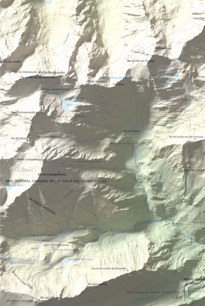 Mapa de relieve de Pic de Cataperdís, 2805 m, Andorra, lámina 100 Cims de Trobart. Detalle de la zona inferior izquierda. 61 × 91 cm.