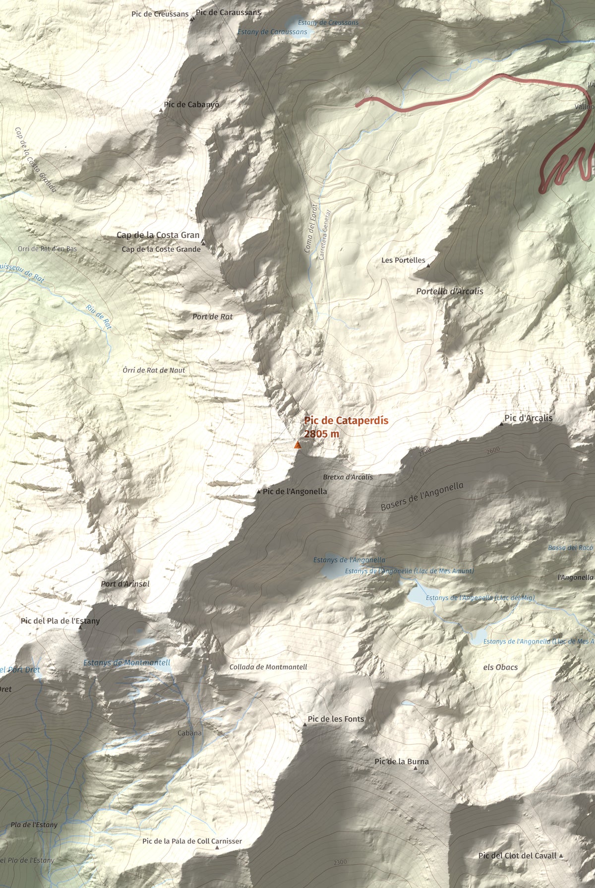 Mapa de relieve de Pic de Cataperdís, 2805 m, Andorra, lámina 100 Cims de Trobart. Detalle de la zona central. 61 × 91 cm.