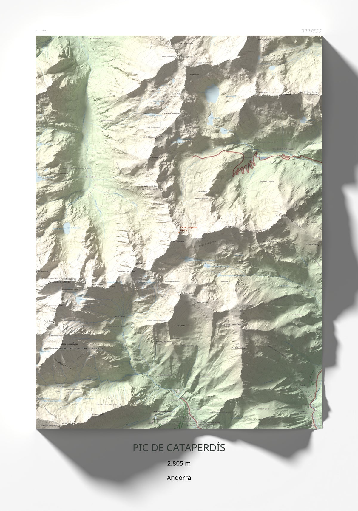 Mapa de relieve de Pic de Cataperdís, 2805 m, Andorra, lámina 100 Cims de Trobart 70 × 100 cm.