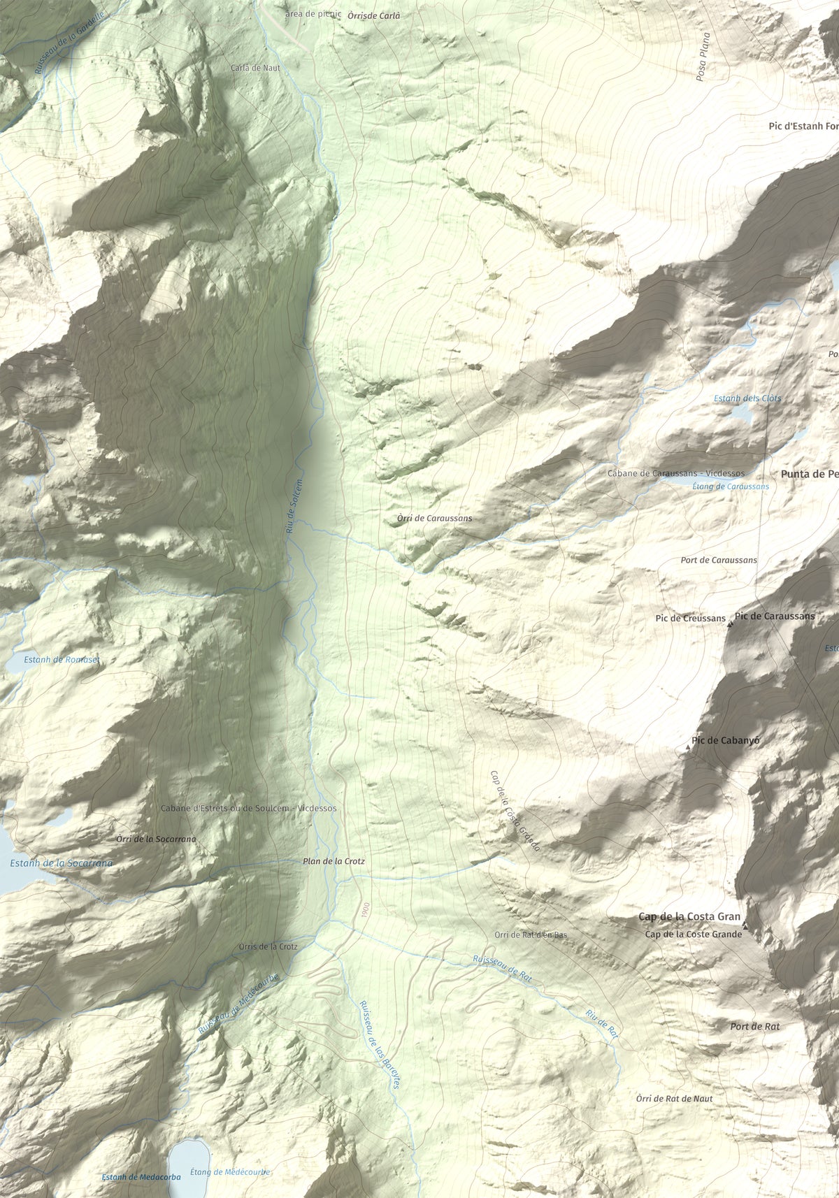 Mapa de relieve de Pic de Cataperdís, 2805 m, Andorra, lámina 100 Cims de Trobart. Detalle de la zona superior izquierda. 70 × 100 cm.