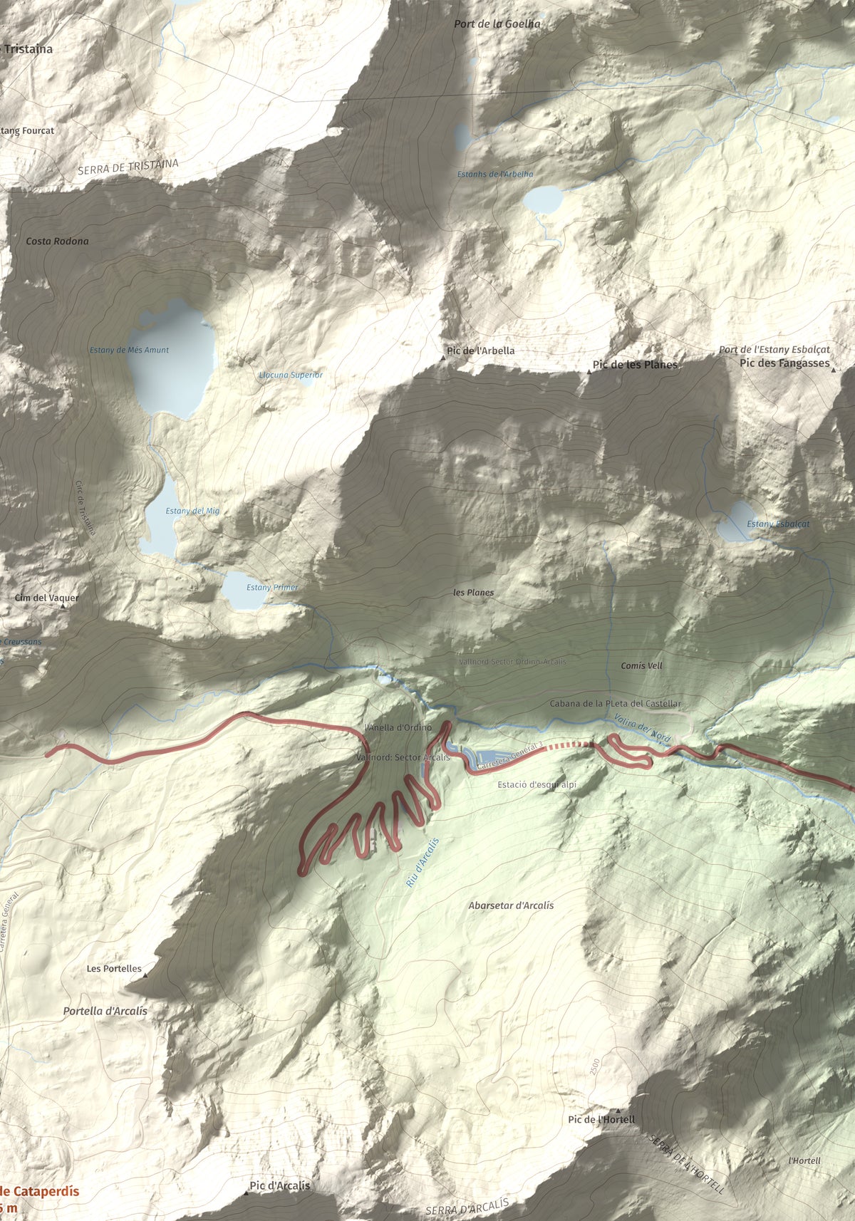 Mapa de relieve de Pic de Cataperdís, 2805 m, Andorra, lámina 100 Cims de Trobart. Detalle de la zona superior derecha. 70 × 100 cm.