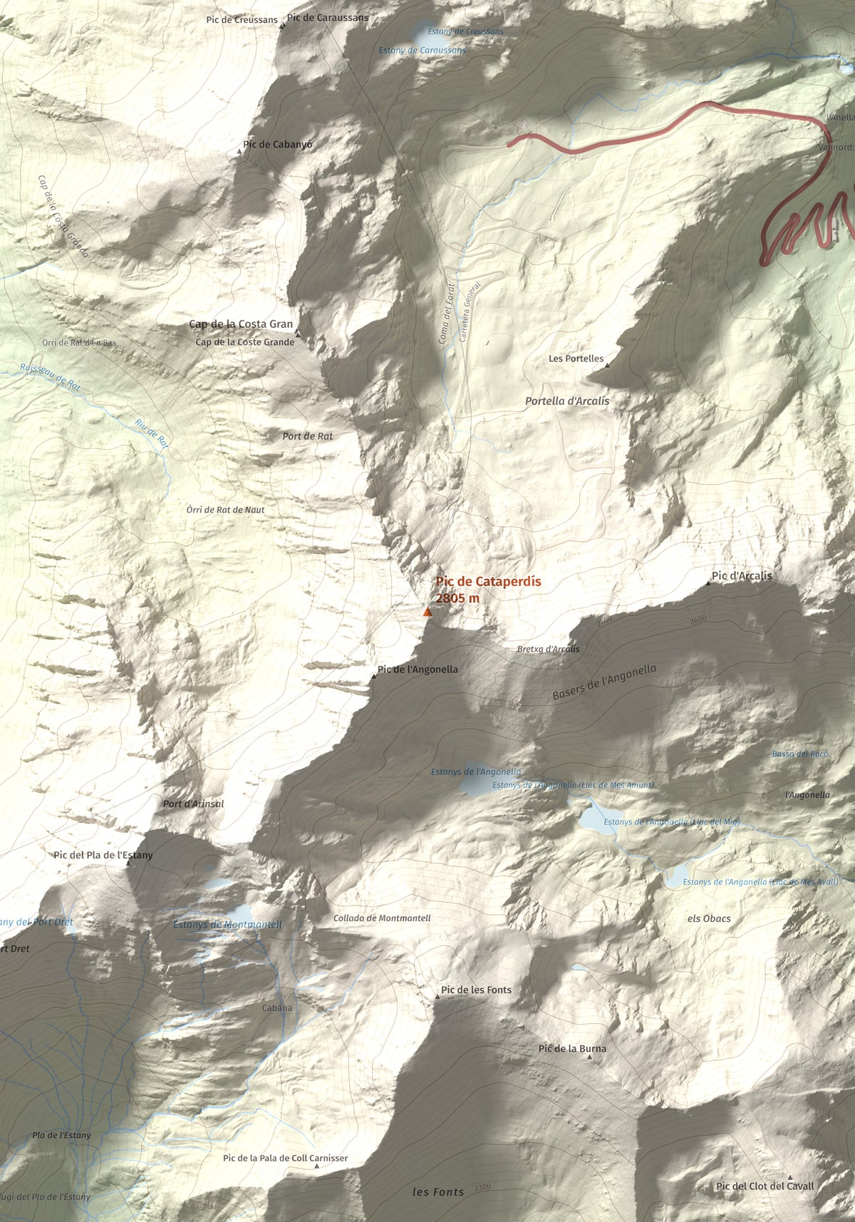 Mapa de relieve de Pic de Cataperdís, 2805 m, Andorra, lámina 100 Cims de Trobart. Detalle de la zona central. 70 × 100 cm.