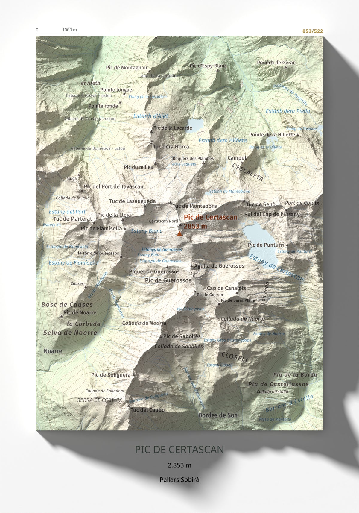 Mapa de relieve de Pic de Certascan, 2853 m, Pallars Sobirà, lámina 100 Cims de Trobart 21 × 30 cm.